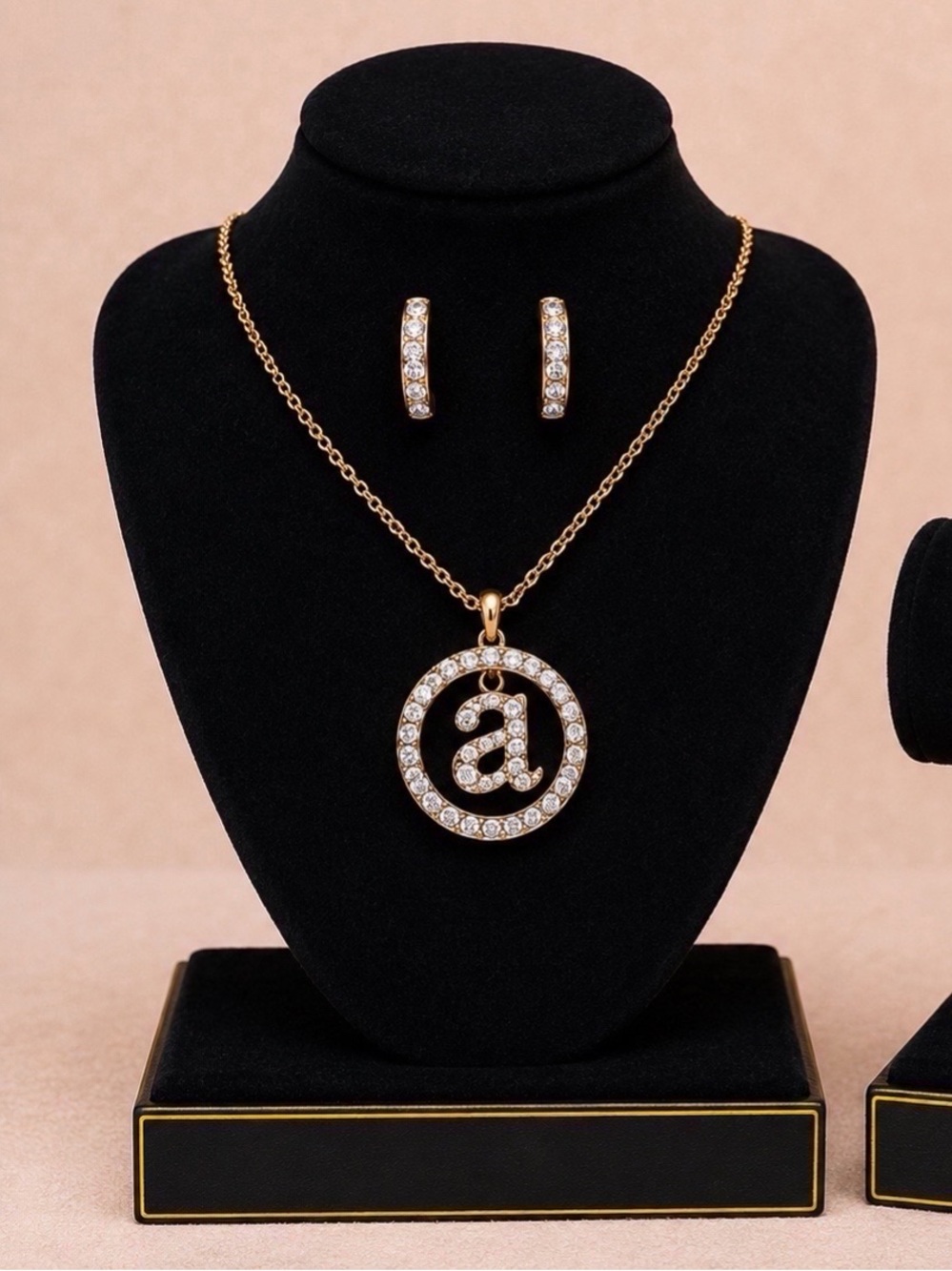 Gold Crystal Initial 'a' Pendant Necklace and Hoop Earrings Set - Gold